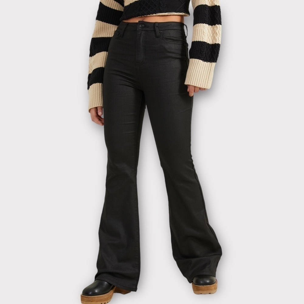 Altar'd State Clara Coated Flares Pants High Rise Black NWT